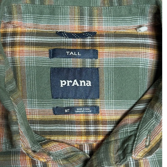 prAna Mens Dolberg Plaid Cotton Flannel Shirt in Kale Standard Fit Medium Tall - Picture 9 of 12